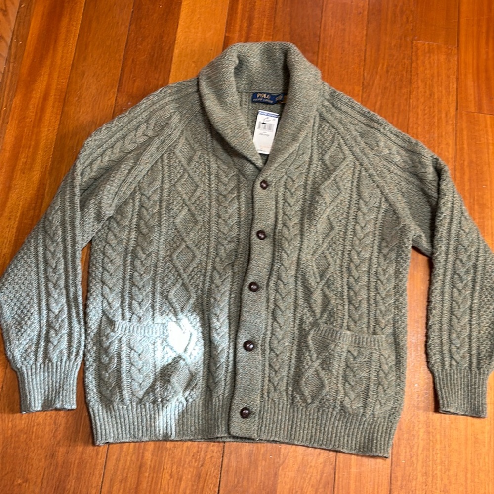 Polo by Ralph Lauren Olive Green Cable Knit Shawl Collar Sweater